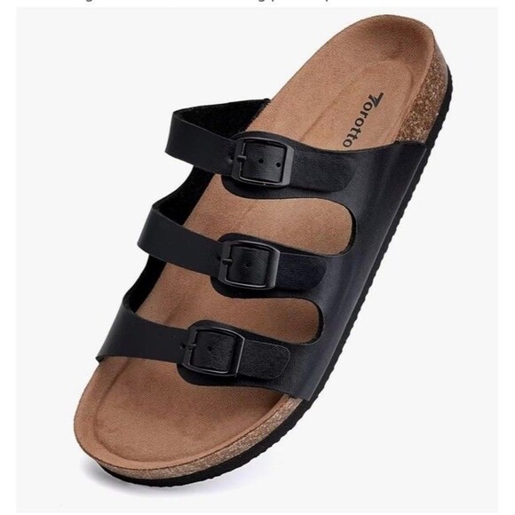 NWT Torotto Mens Slides with Cork Footbed Open Toe Flat Sandals,Black, Size 44 - Picture 2 of 16